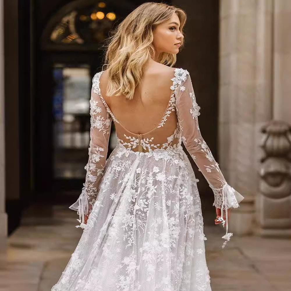 Abito da Sera da Matrimonio Europeo e Americano Primavera/Estate 2025 - Abito Lungo Sexy in Pizzo con Maniche Lunghe