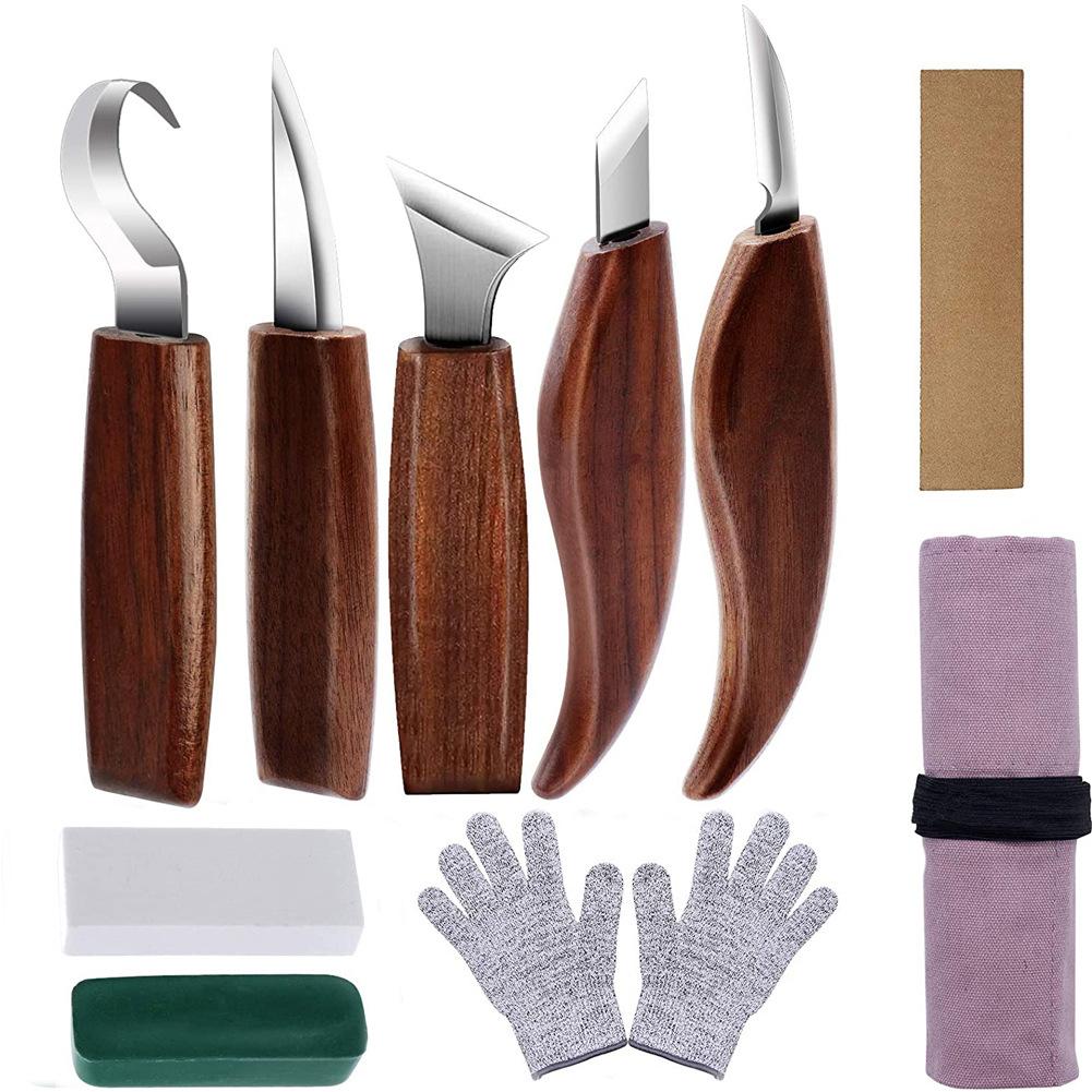 Walnut Wood Chrome Vanadium Steel Carving Knife Set 10 Piece And 12 Piece Woodworking Knife Set Spoon Knife And Wood Chisel Set For Woodworking Crafts