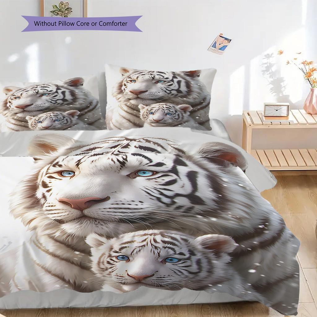 White Tiger Pattern Bedding Quilt Set Quilt Cover Pillowcase Home Decoration Birthday Gift (1 * Duvet Cover + 2 * Pillowcase, Without Core)