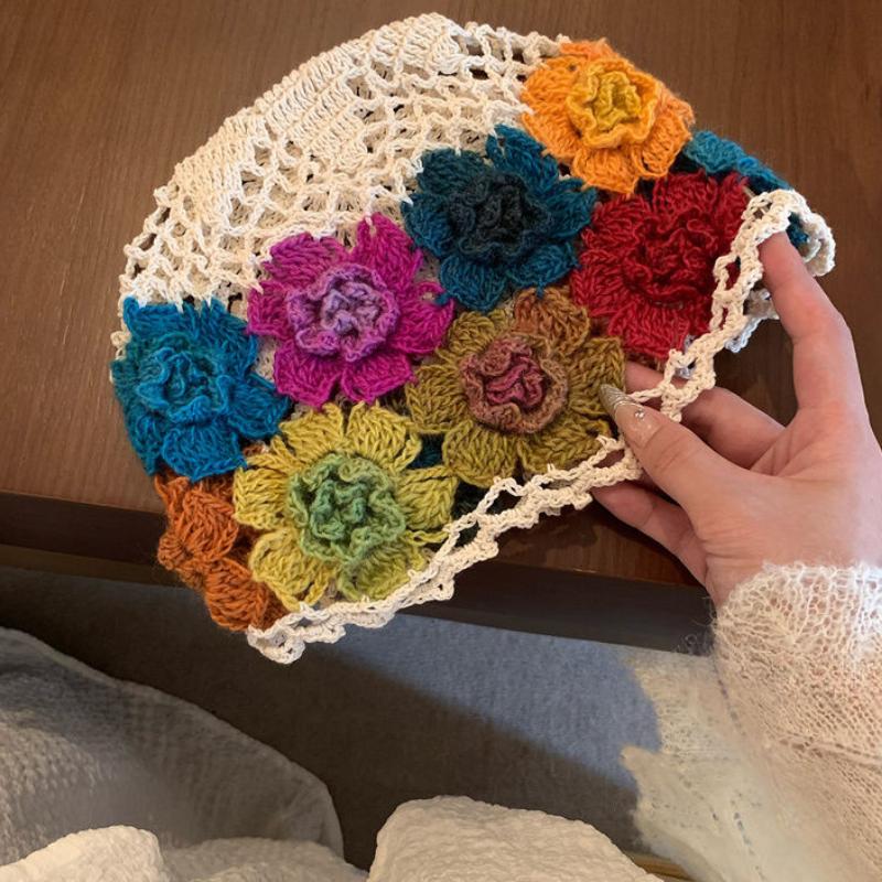 Women's Japanese-style Sweet Ethnic Style Hand-knitted Hat Spring Summer Thin Breathable Head Wrap Hat Colorful Floral Earflap Hat