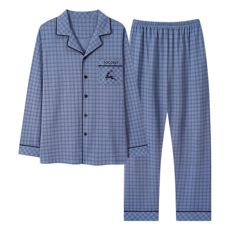 Pure Cotton Pajamas Men'S Spring And Autumn Long-Sleeved Trousers Set Autumn And Winter Thin Large-Size Cardigan Loungewear