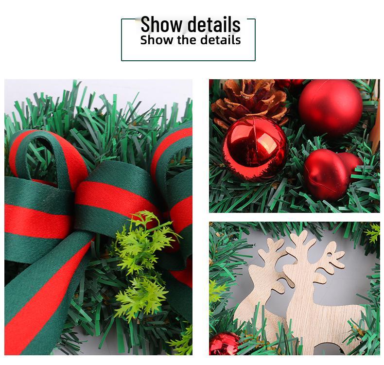 Christmas Pine Needle Reindeer Wreath with Colored Balls and Bow – Wooden Door Hanging Ornament