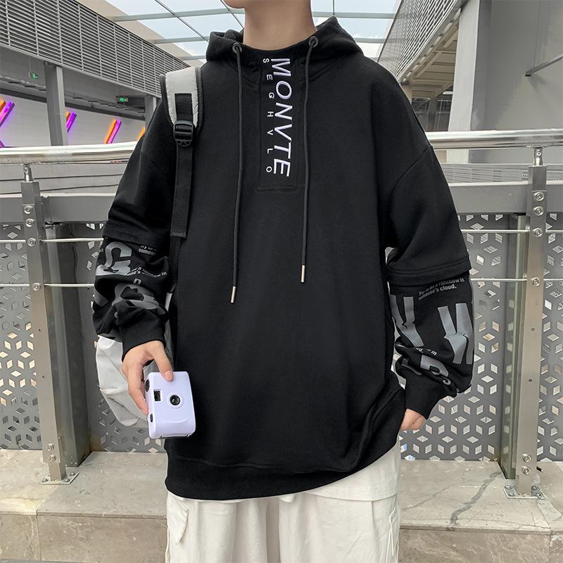 Spring and Autumn Hooded Sweater Men, Fake Two-piece Top Teen Casual Fashion Hoodie