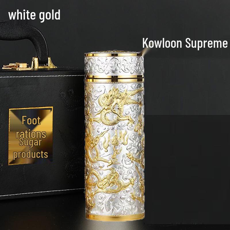 Reinsilber 9999 Thermalwasserbecher - Neun Drachen, Hundert Segnungen, Drachen & Phönix Design