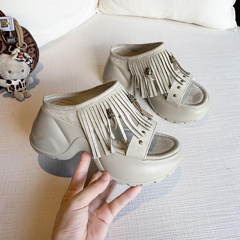 Fashion Block Heel Flip Flops Autumn New Round Toe Open Toe Suede Studded Platform Anti-Slip Wear-Resistant Slippers
