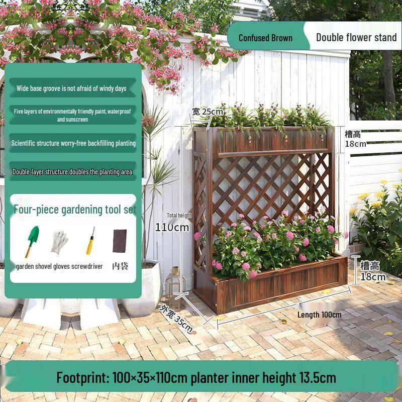 

Anti-corrosion Wood Double-Layer Flower Box with Fence