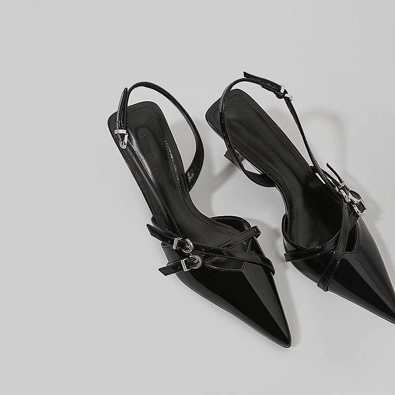 Metal buckle pointed back empty single shoes women's fashion sandals summer 2025 new kitten heel bag head high heels women