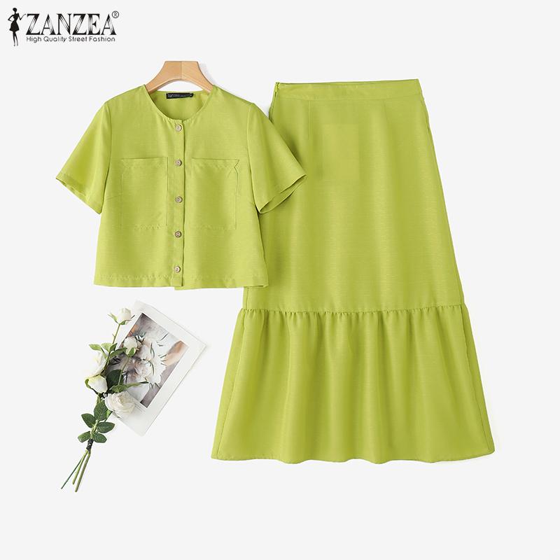ZANZEA Two Pieces Women Sets Short Sleeve Crop Blouse and Long Skirts Outfits 