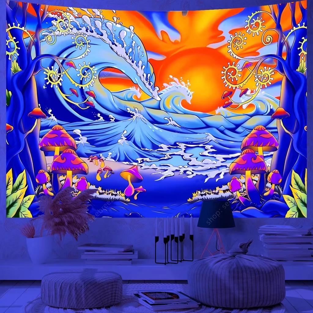 Japanese Great Waves UV Reactive Tapestry Mount Fuji Wall Hanging Cloth Aesthetic Room Home Decor Background Flag Wall Art Decor