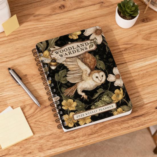Týdenní plánovač Woodland Wardens 2026, spirálový zápisník s obálkou s přírodní tématikou, 17měsíční organizér pro školu, kancelář, osobní použití