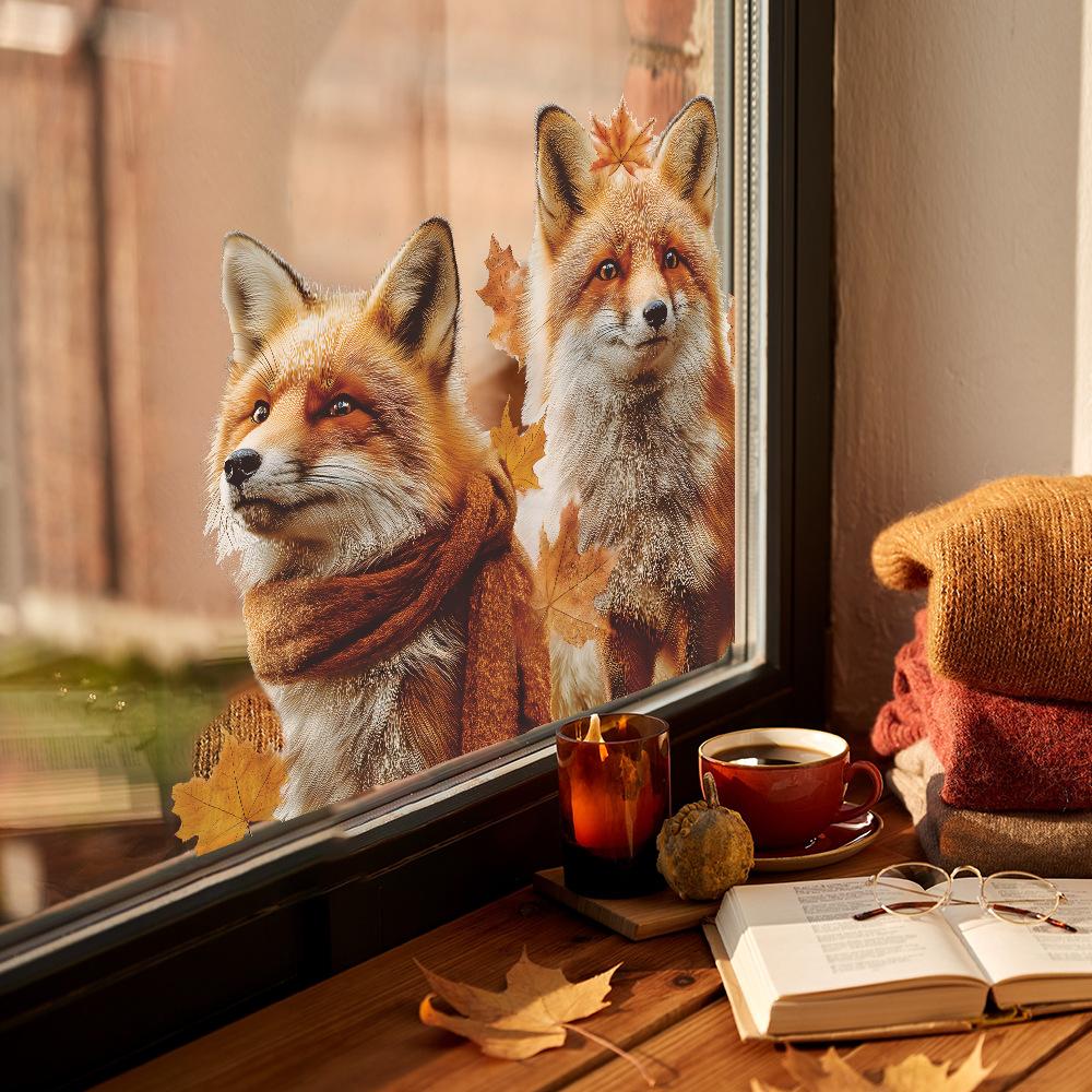 Creative Simulation Autumn Fox Fallen Leaves Home Glass Door and Window Decorative Stickers