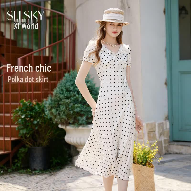 French Polka Dot Ruffled Short Sleeve Midi Dress 2XL