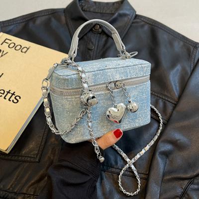 New Diamond Crossbody Bag Women's Fashion Chains Single Shoulder Bags Heart Zipper Bucket Square Handbags Denim Pouch