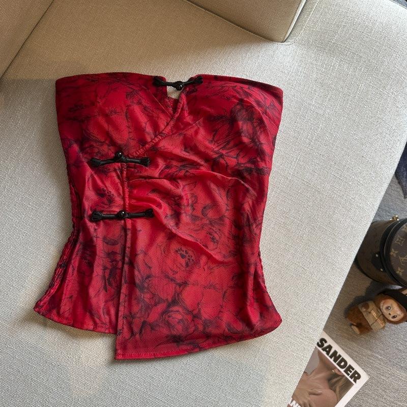 Trendy new printed tube top slim top women's splicing summer one-word shoulder t-shirt retro new Chinese buckle design