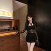 Autumn and winter new sexy Spice Girls low-cut elastic cotton mesh short hip-wrapped long-sleeved bottom tight dress women