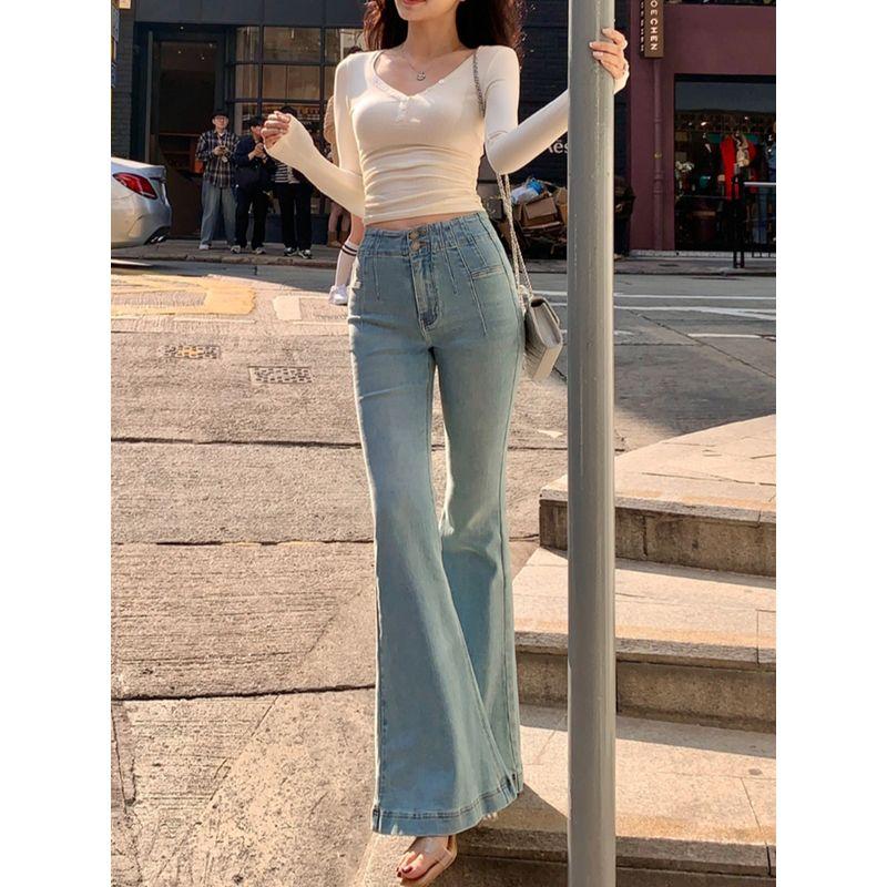 High Quality! Hip Lift! Cotton Heavy American Gyaru High Waist Skinny Flared Trousers Jeans Women Slim Fit