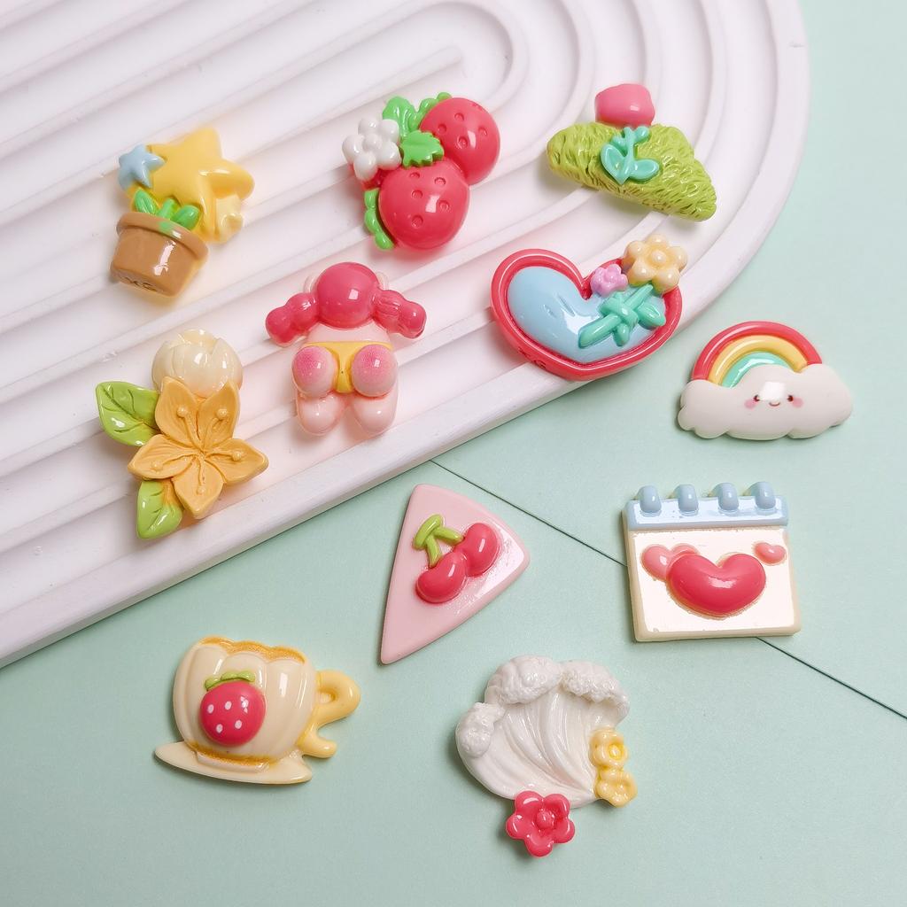 100pcs Cartoon Green Plant Flowers Flatback Resin Cabochon for Phone Hair Accessories DIY Scrapbooking Valentines Decor Craft