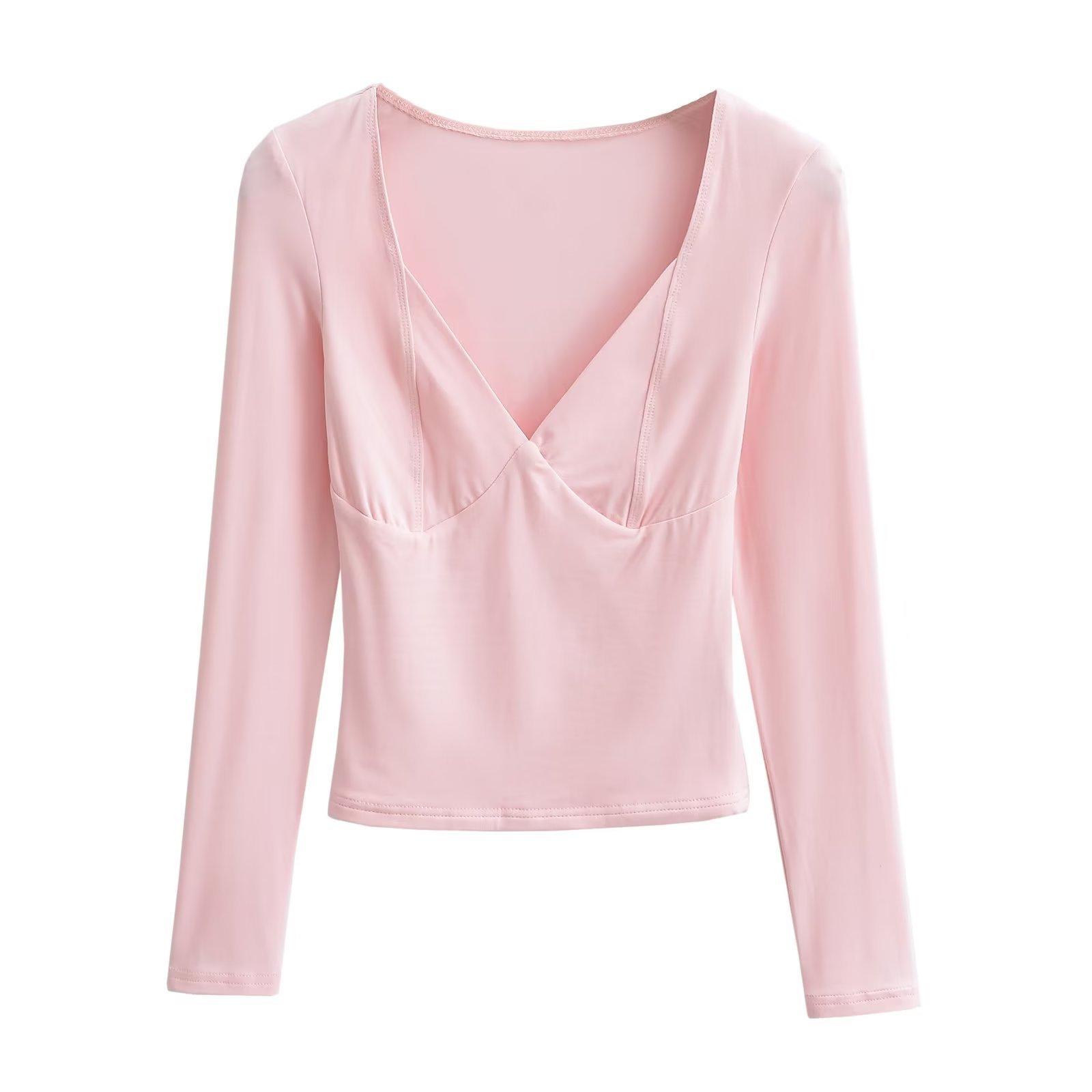 

Футболка с глубоким V-образным вырезом и длинными рукавами, женская сексуальная облегающая эластичная рубашка-топ L розовый