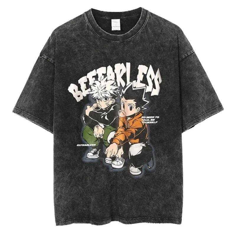 New Anime Hunter X Hunter Printed Tshirt Mens and Womens Washed Tshirt High Quality Vintage Cotton Tshirt Harajuku Top
