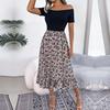 Summer Women Off Shoulder Floral Ruffled Medium Long Dress Spring