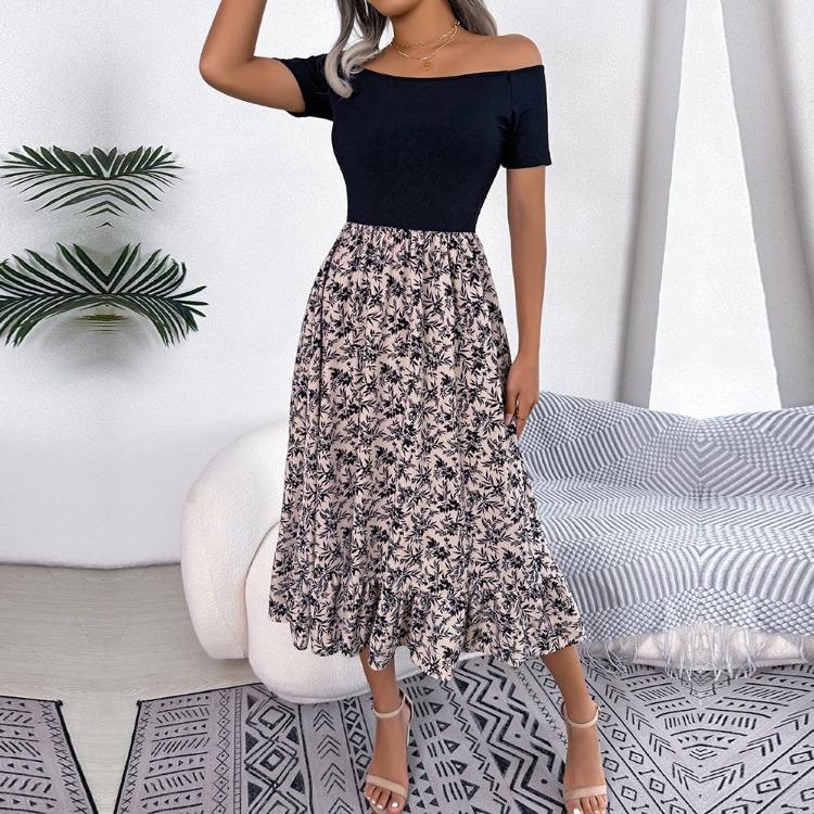 Summer Women Off Shoulder Floral Ruffled Medium Long Dress Spring