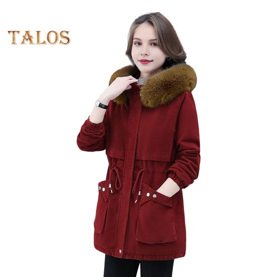 

Зимняя женская хлопковая куртка с меховым капюшоном и двойными карманами, затягивающимся шнурком на талии, средней длины, застегивающаяся на молнию, однотонная ветрозащитная верхняя одежда, парка M красный