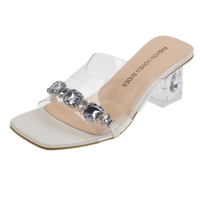 Mode Damenmode Klobige Hausschuhe Sommer Neu Eckige Zehenpartie Offene Zehen Pailletten Transparenter Riemen Linienriemen Rutschfeste Sandalen