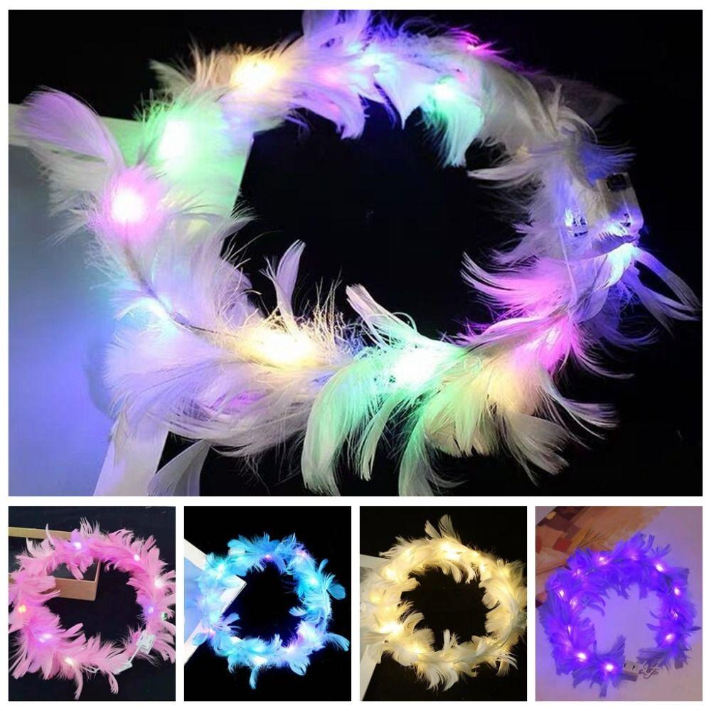 Christmas White Feather Luminous Garland New Year Women Hairband LED Feather Headband Party