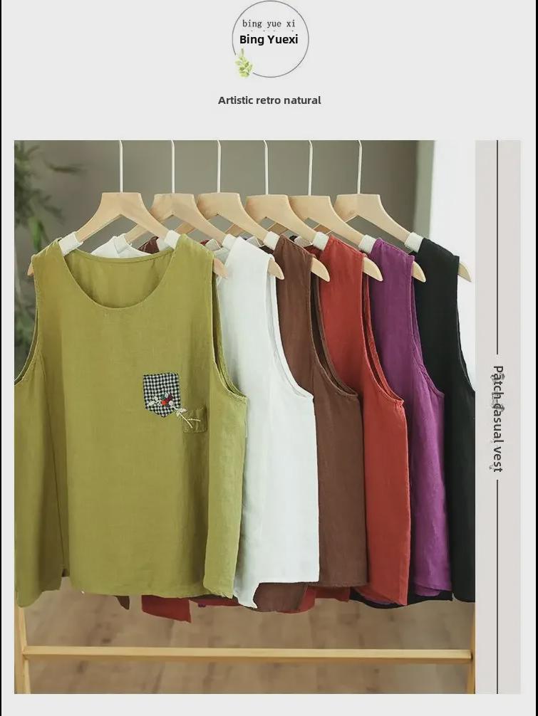 Camisola extragrande de algodón y lino para mujer: Top retro sin mangas versátil para el verano