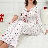 European and American Style Women's Spring and Autumn Heart Print Pajama Set Turn-Down Collar Long Sleeve Top and Long Pants 2 Piece Loungewear