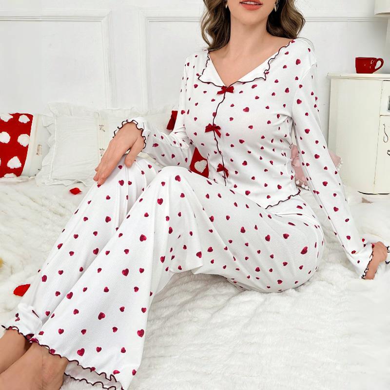 European and American Style Women's Spring and Autumn Heart Print Pajama Set Turn-Down Collar Long Sleeve Top and Long Pants 2 Piece Loungewear