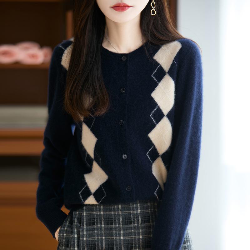 Women's 100% Wool Cashmere Cardigan, Round Neck, Loose Knit, Soft Thickened Coat for Autumn/Winter.