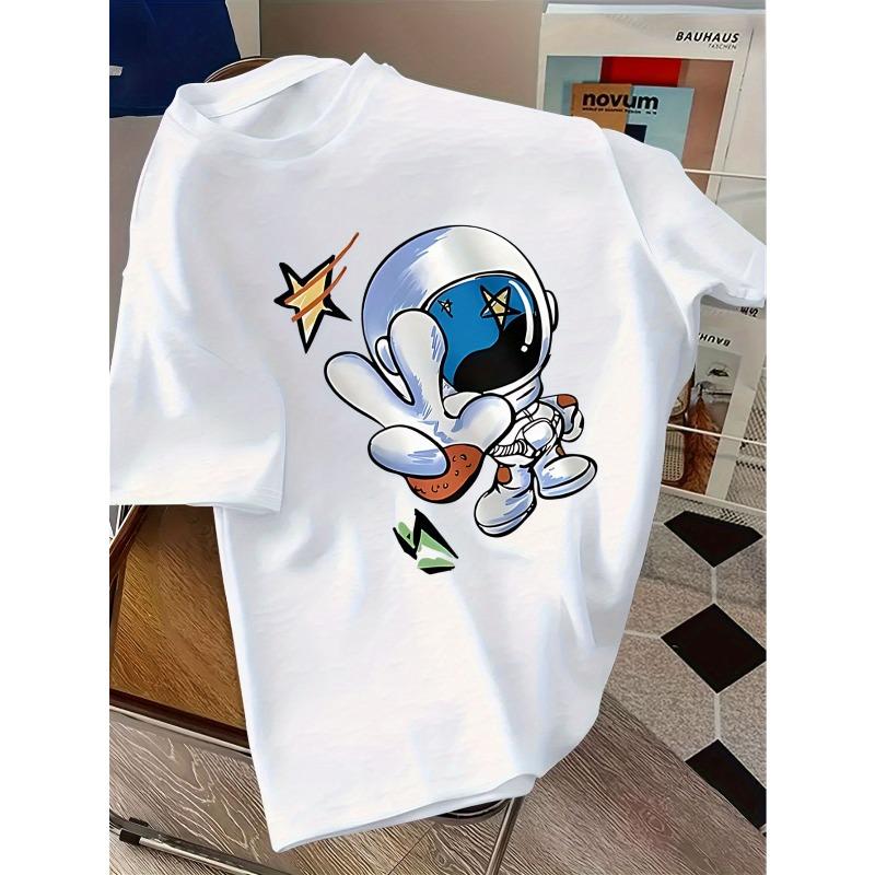 European sizes Round Neck Cartoon Astronaut Print Short Sleeve T-Shirt, Fashion Casual Loose Style Summer New Arrival