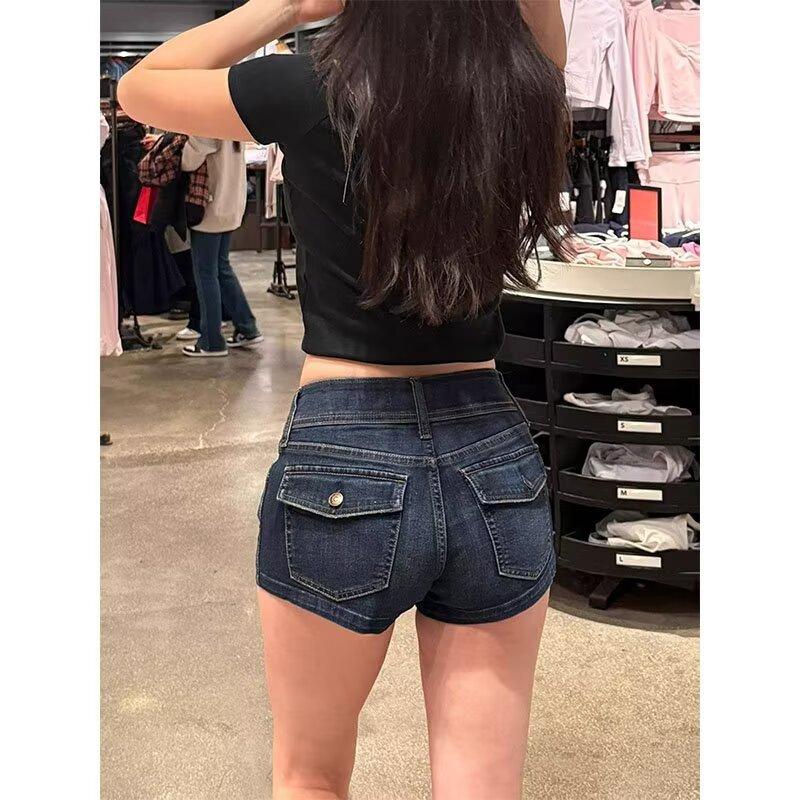

American retro Spice Girl low waist blue-gray denim shorts women s summer new tight hip-wrapped elastic thin hot pants 4XL темно-синього кольору
