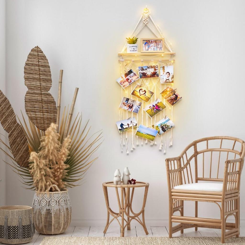 Homecor Macrame Hanging Photo Display Wall Decor with Wooden Shelf, Boho Room Bedroom Decor, Picture Card Frame Collage Board with Light 30 Clips,