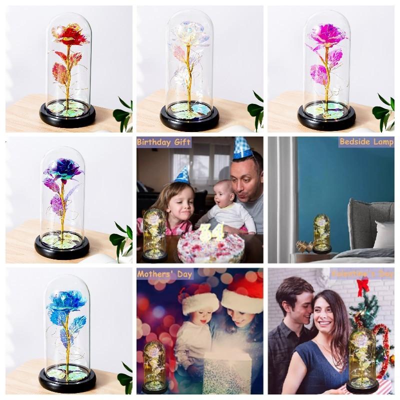 Romantic Rose Forever Flower In Dome Led Light Valentine Day Birthday Gift Decor