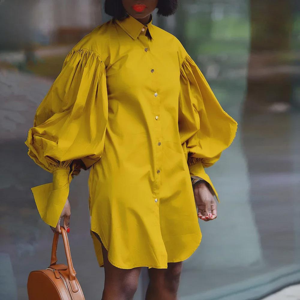 2021 Women's Solid Color Shirt Dress - European and American Fashion