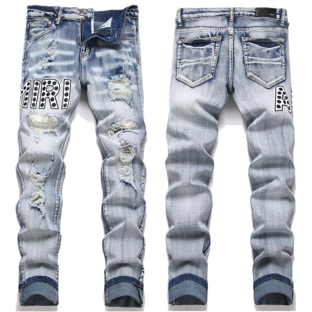 New Stock Street Trendy Jeans For Men's Youth Embroidered Men's Style Ripped Hole Slim Fit Elastic High Street Small Leg Pants