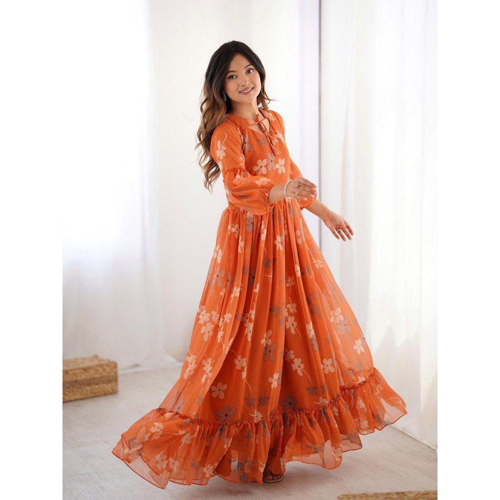 Pomarańczowa Safari Muza Pomarańczowa Suknia w Kwiaty
