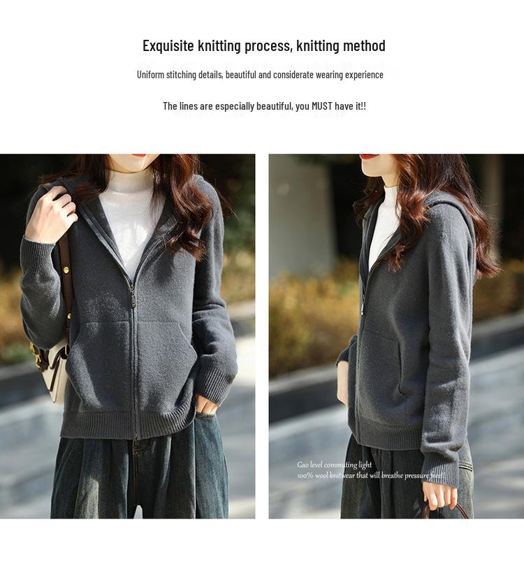 Women's Ready-to-Wear Wool Cardigan: Zipper, Pockets, Hood, Casual Loose Fit, Long-Sleeved. Perfect for Autumn/Winter.