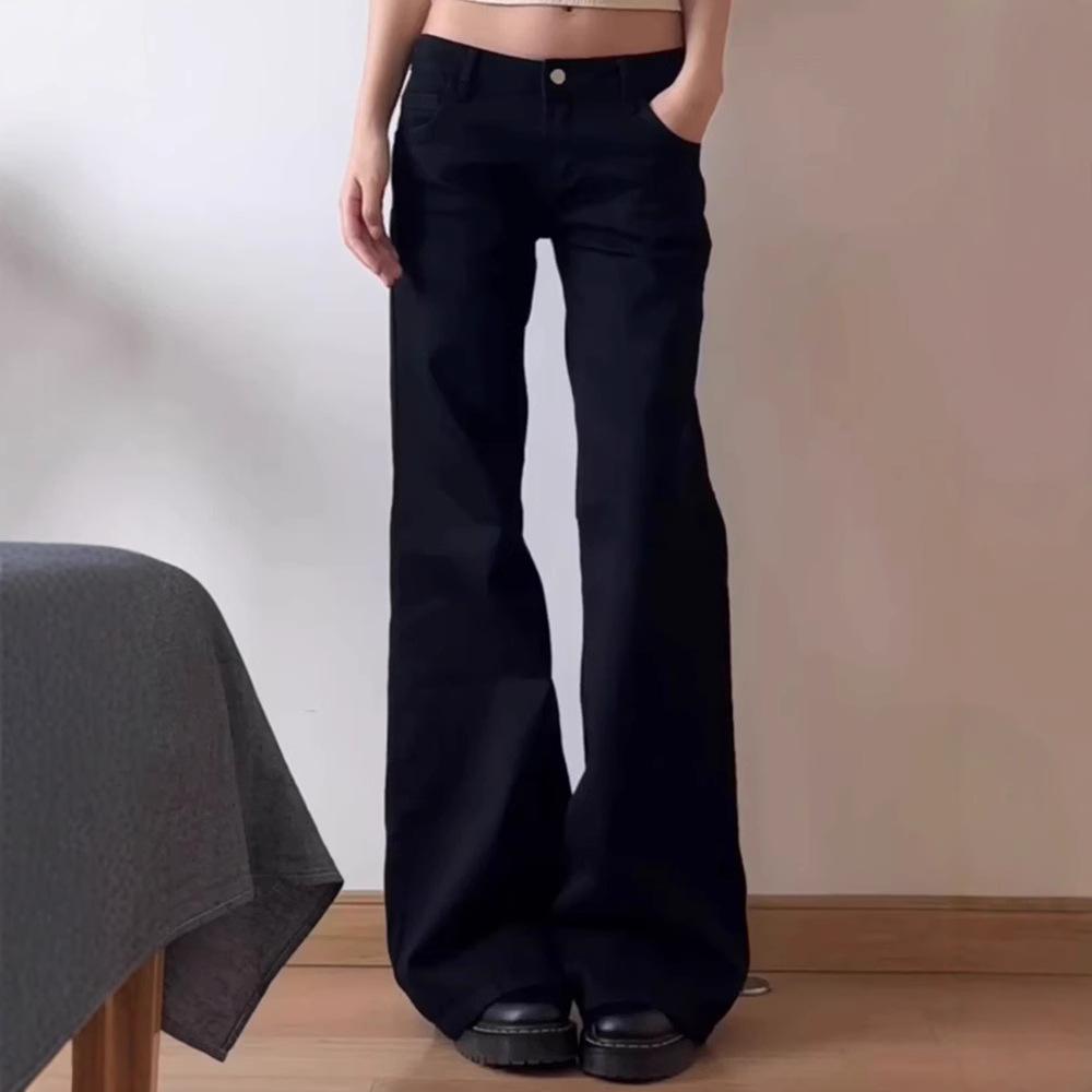 Women's Loose Versatile Straight Flared Pants Black Low Waist Wide Leg Slightly Pulled Jeans