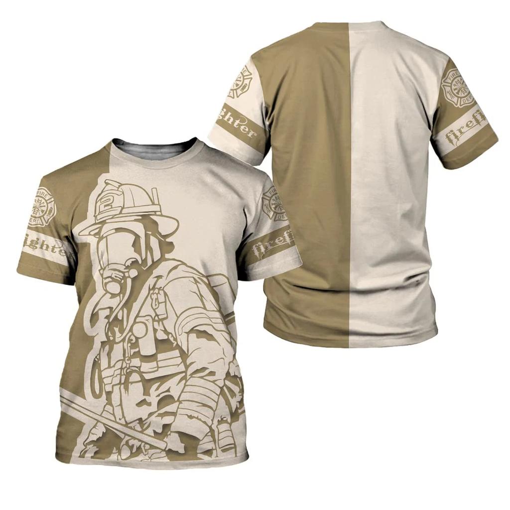 Summer Round Neck 3D Firefighter Print Top Fashionable Casual Short Sleeved Men's T-shirts