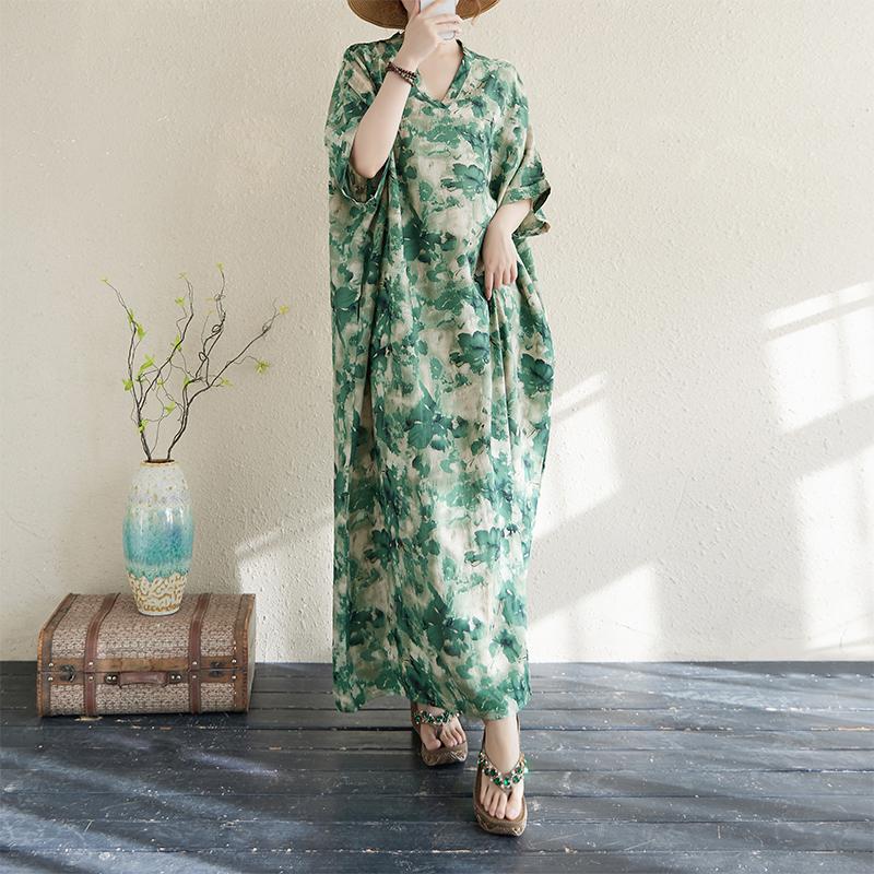 DIMANAF 2025 Women Plus Size Summer Dress Basic Long Dress Vintage Cotton Linen Casual Floral Printing Loose