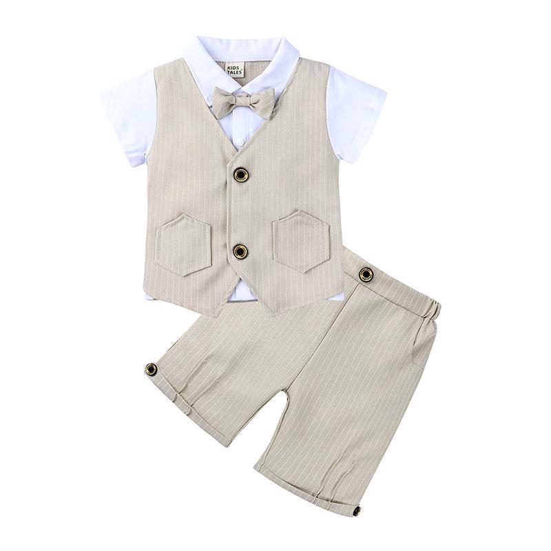 Boys' British Style Summer Suit: Short-Sleeve Cotton Shirt, Shorts & Bow Tie Two-Piece Set