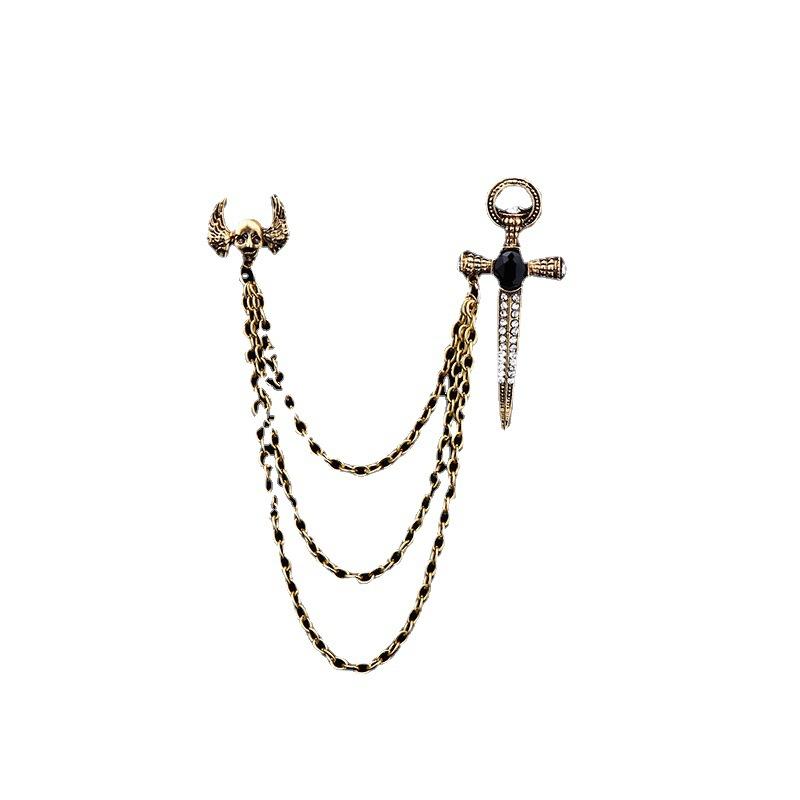 Halloween Hot Sale Chain Personality Skull Badge Wings Sword Vampire Brooch Collar Pin
