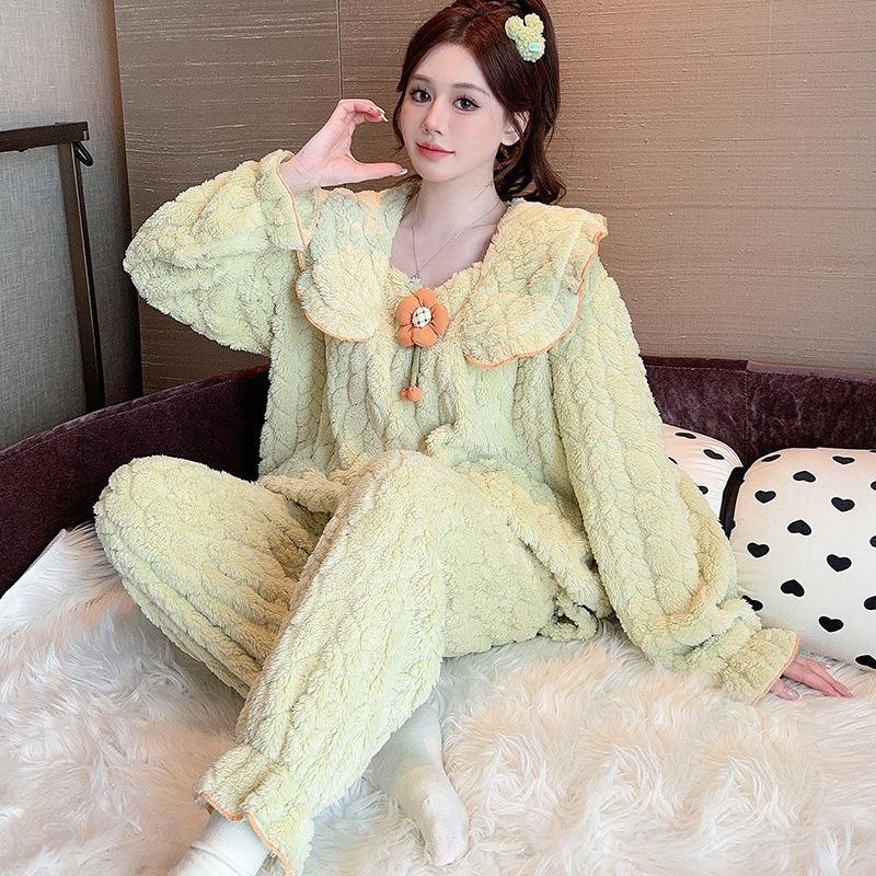 Pajamas Female Autumn and Winter Intensification Coral Fleece Extra Large Cute Flannel Warm Loungewear Set Sleepwear Women