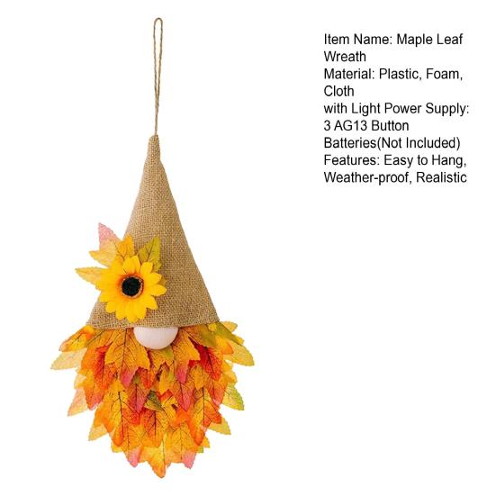 Thanksgiving Maple Leaf Gnome Wreath with String Light Indoor Outdoor Front Door Wall Hanging