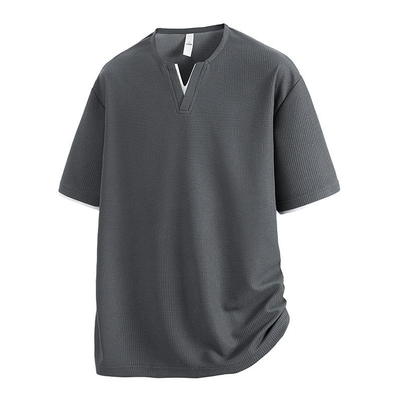 Contrast color stitching small V-neck short-sleeved T-shirt for men summer new trendy loose casual T-shirt