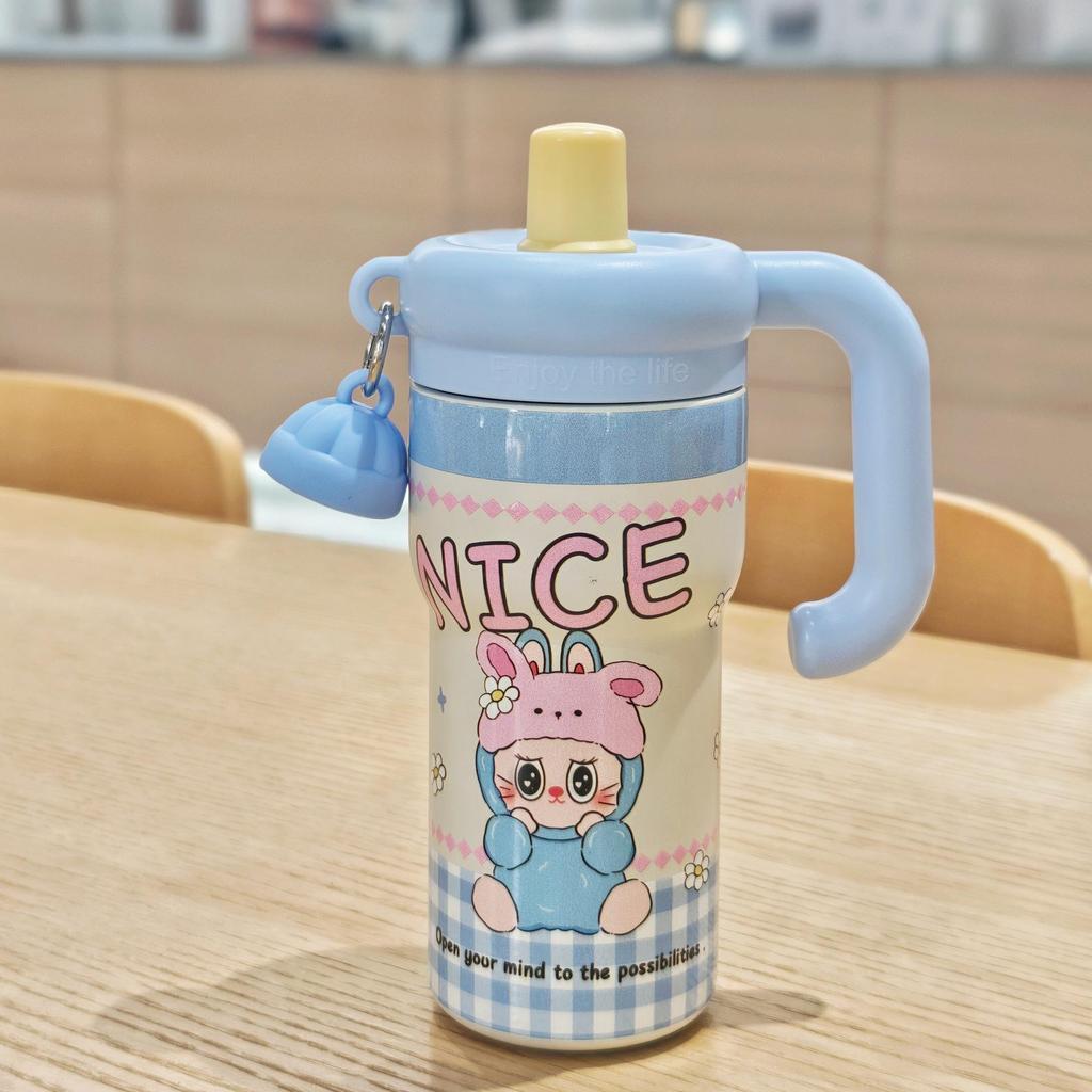 Floral Cartoon Handle Stainless Steel Vacuum Insulated Cup with Tea Infuser and Straw