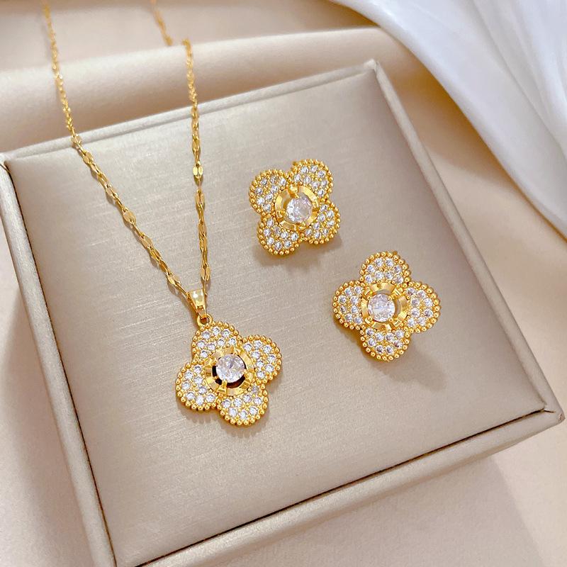 Full of Zirconium Exquisite Wind Copper Micro-inlaid Earrings Necklace Set Combination